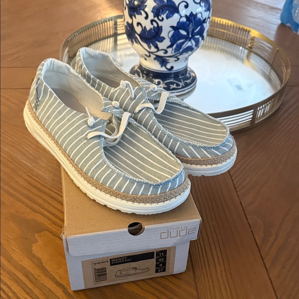 Hey Dude Women's Light Blue and White Striped Sneakers